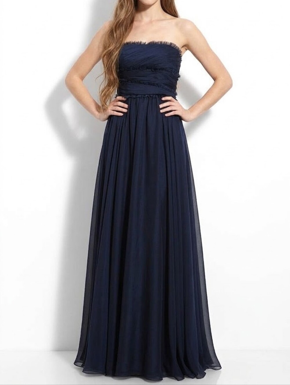Monique Lhuillier Navy Blue strapless Chiffon Maxi Dress Baridesmaid Prom